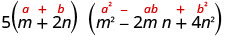 An algebraic expression showing 5 multiplied by the product of (m + 2n) and (m^2 - 2mn + 4n^2), illustrating the factorization pattern for the sum of two cubes, a^3 + b^3.